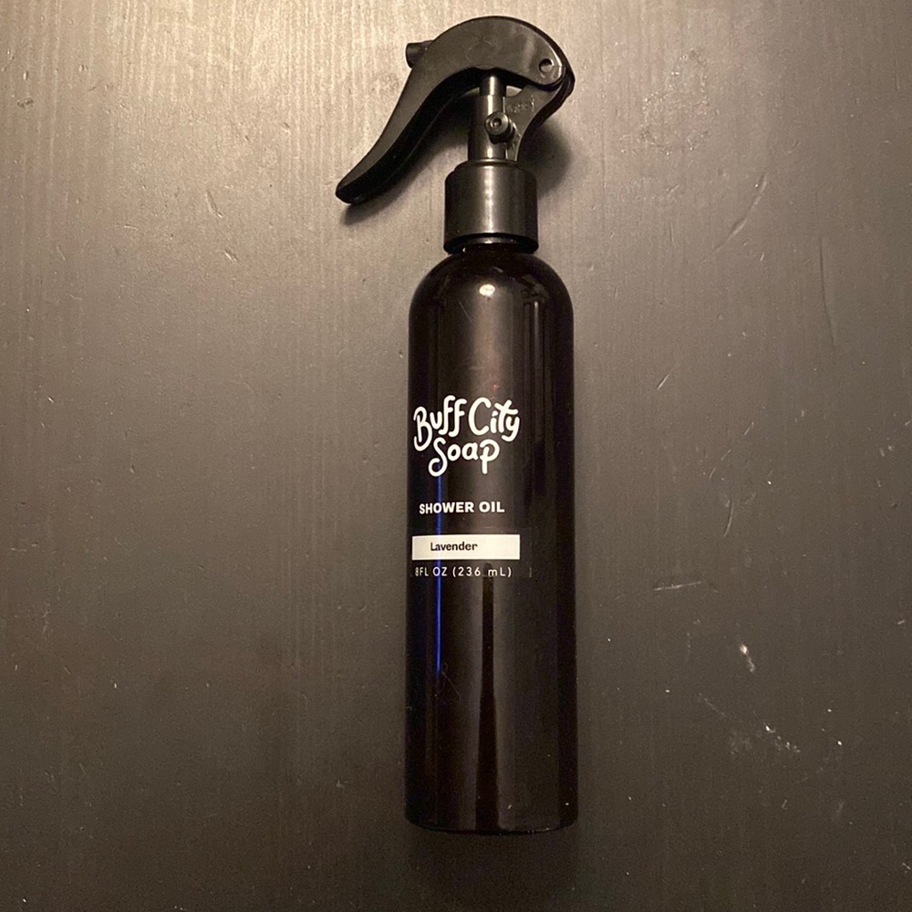 Buff City Soap shower oil. Scent lavender.